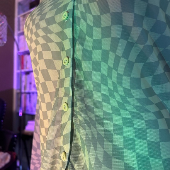 Green checkered see-through mesh trippy button up collared shirt - Picture 4 of 6